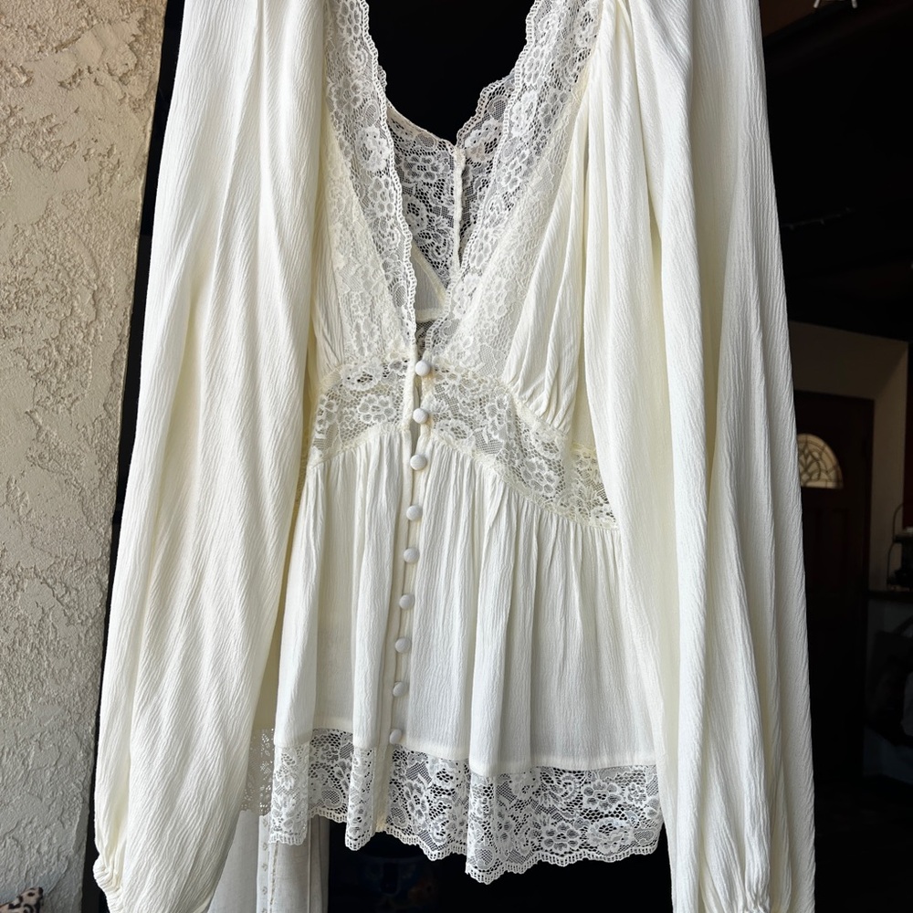 Ivory Lace-Trim Button Front Blouse